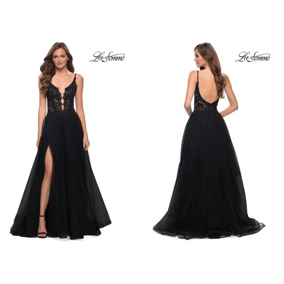 La Femme Dress 29686 Black Illusion Tulle Lace Gown 00 - Picture 1 of 8